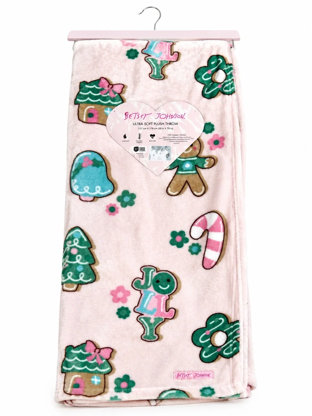 New Betsey Johnson Pink Holiday Plush Throw with Gingerbread & Candy Motifs